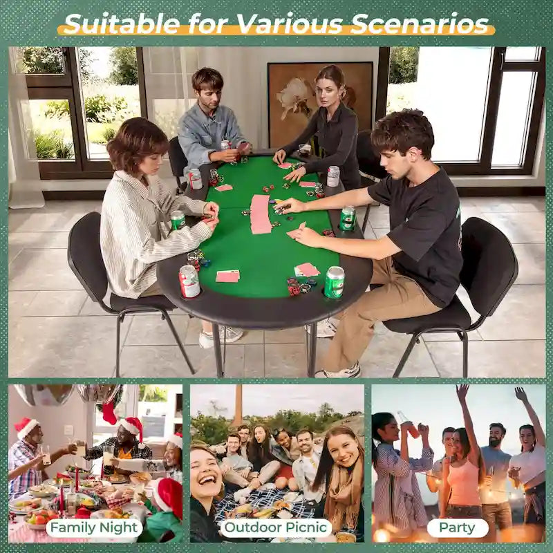 Foldable Poker Table with 8 Cup Holders and Padded Armrests