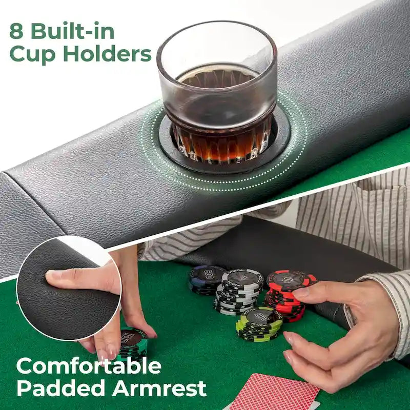 Foldable Poker Table with 8 Cup Holders and Padded Armrests