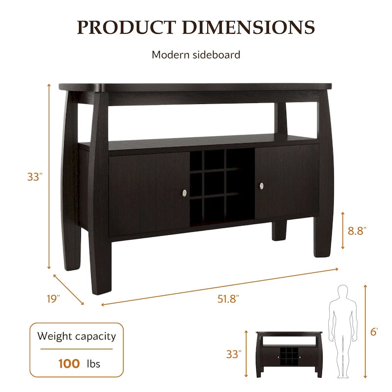 51-Inch Cappuccino Buffet Table with Cabinets and Wine Storage
