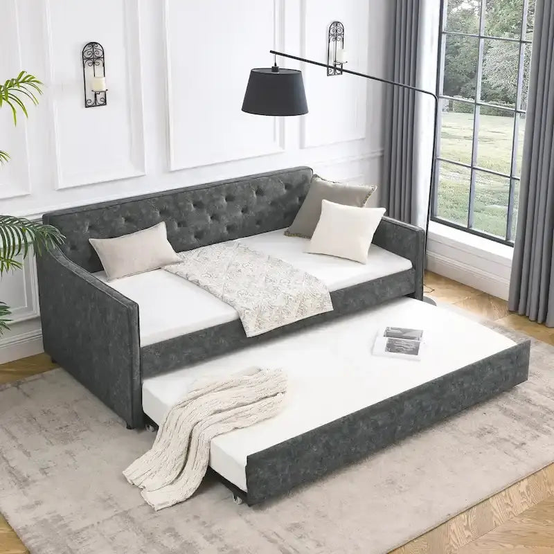 Letto da giorno singolo imbottito con letto estraibile singolo