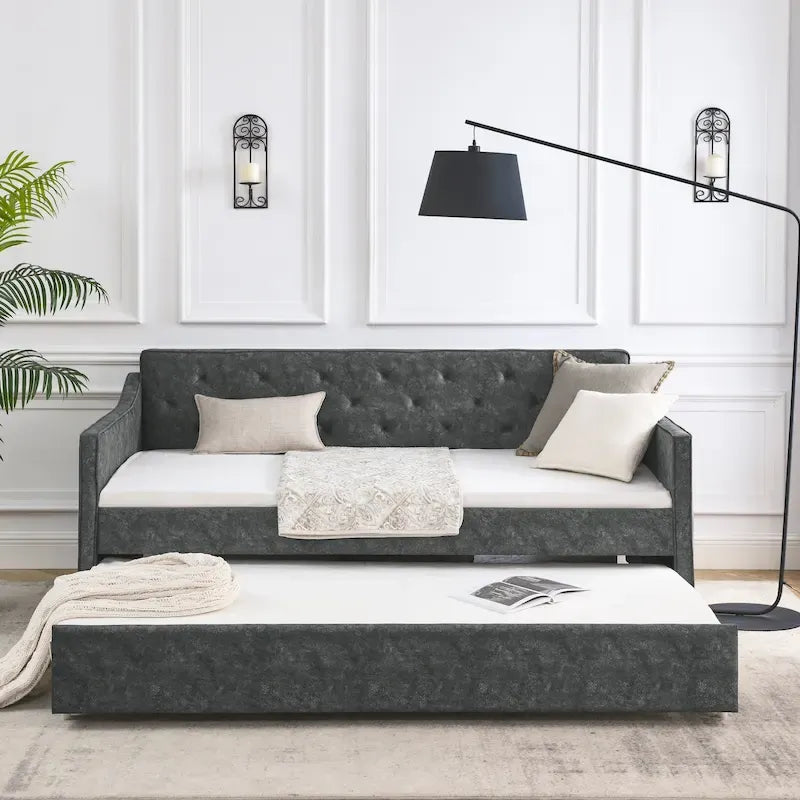Letto da giorno singolo imbottito con letto estraibile singolo