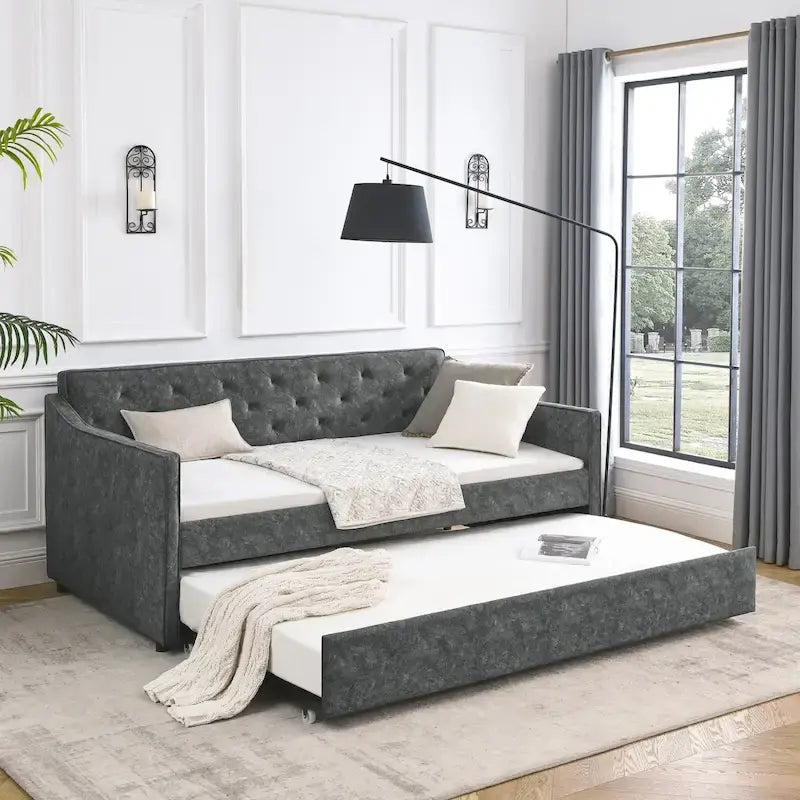 Letto da giorno singolo imbottito con letto estraibile singolo