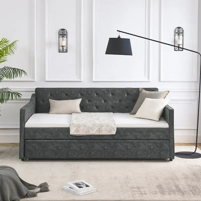 Letto da giorno singolo imbottito con letto estraibile singolo