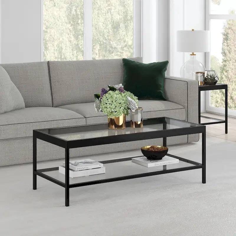 Metal and Glass Coffee Table with Lower Shelf