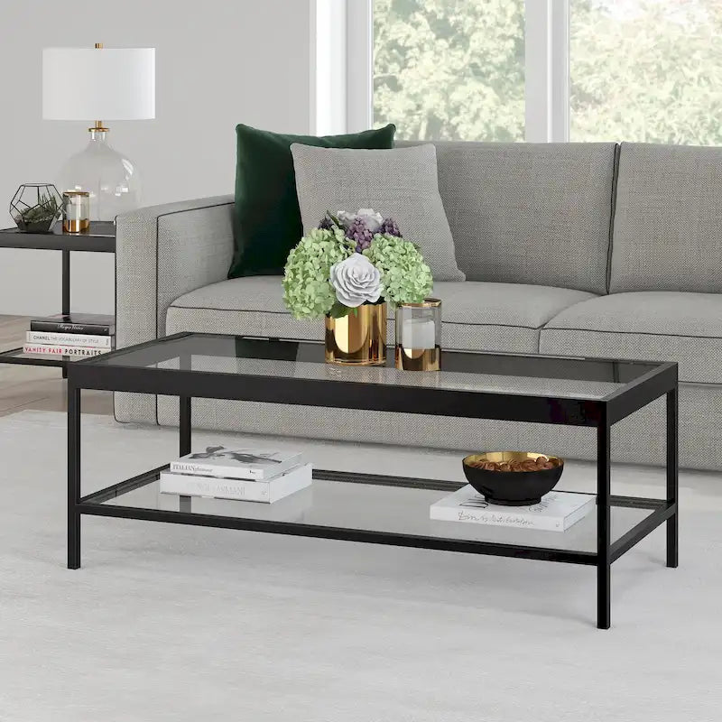 Metal and Glass Coffee Table with Lower Shelf