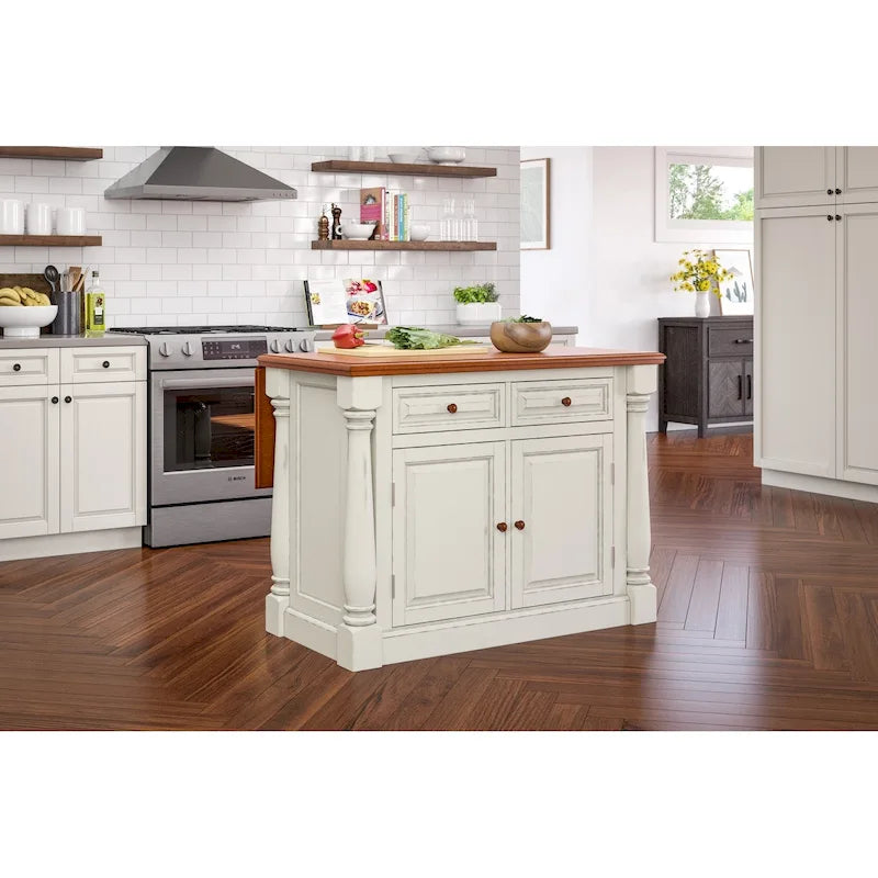 Off-White Wood Kitchen Island with Drop Leaf and Storage