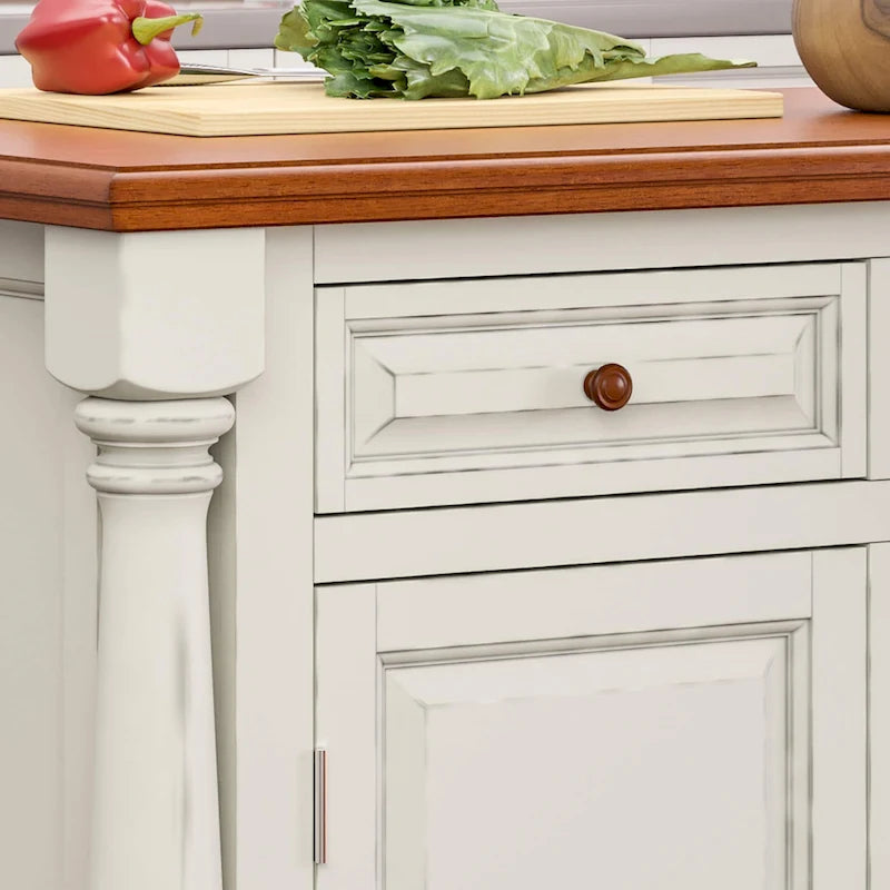 Off-White Wood Kitchen Island with Drop Leaf and Storage