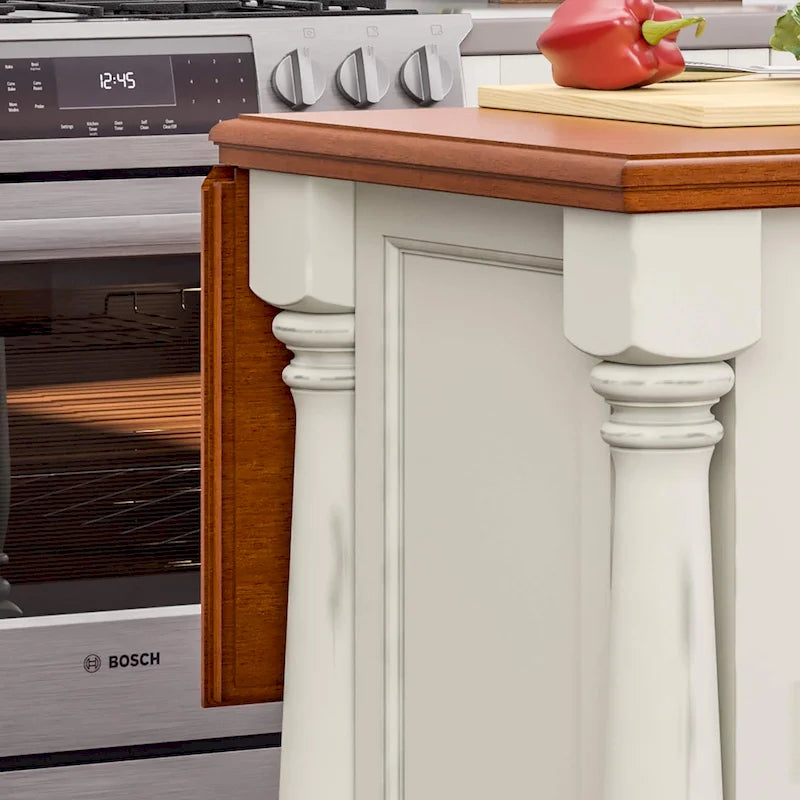 Off-White Wood Kitchen Island with Drop Leaf and Storage
