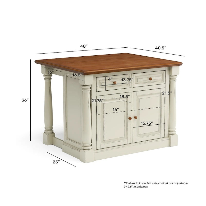 Off-White Wood Kitchen Island with Drop Leaf and Storage