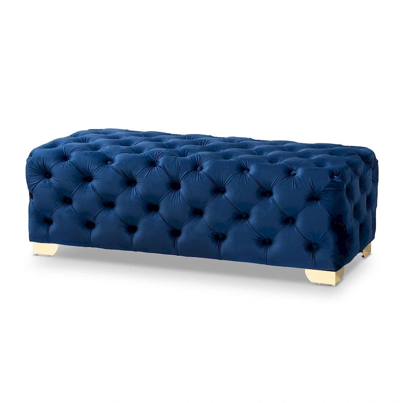 Button-Tufted Velvet Ottoman Bench with Gold-Tone Legs