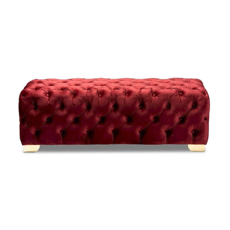 Button-Tufted Velvet Ottoman Bench with Gold-Tone Legs