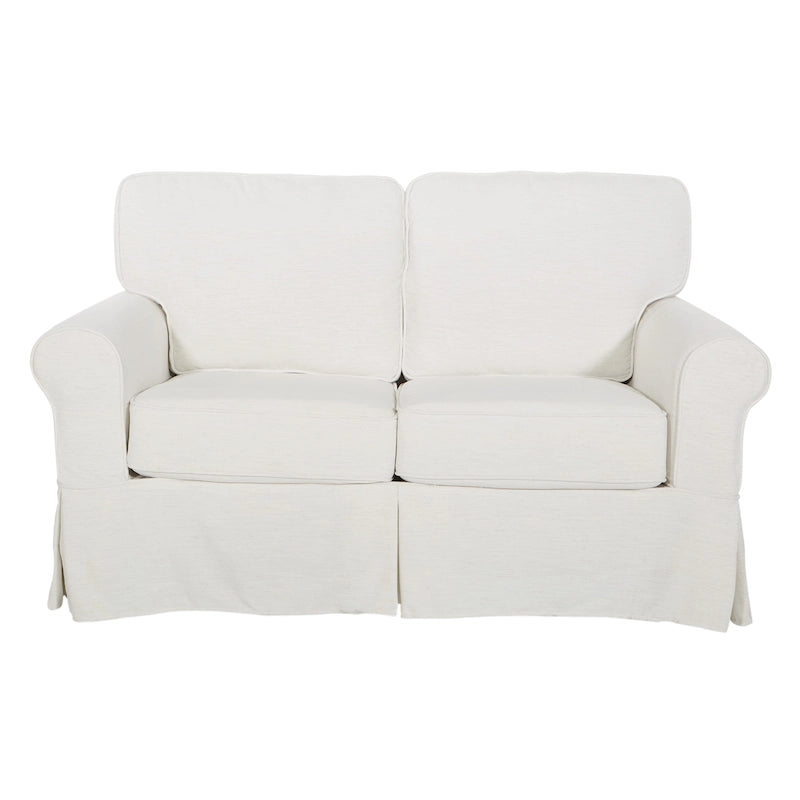 Dwuosobowa sofa z pokrowcem i zaokrąglonymi podłokietnikami