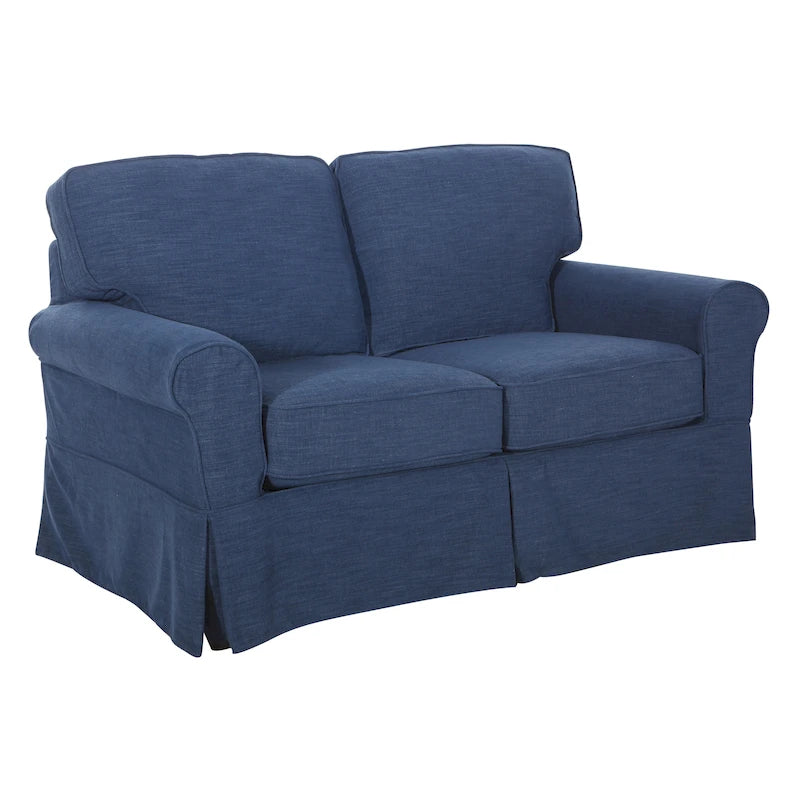 Dwuosobowa sofa z pokrowcem i zaokrąglonymi podłokietnikami
