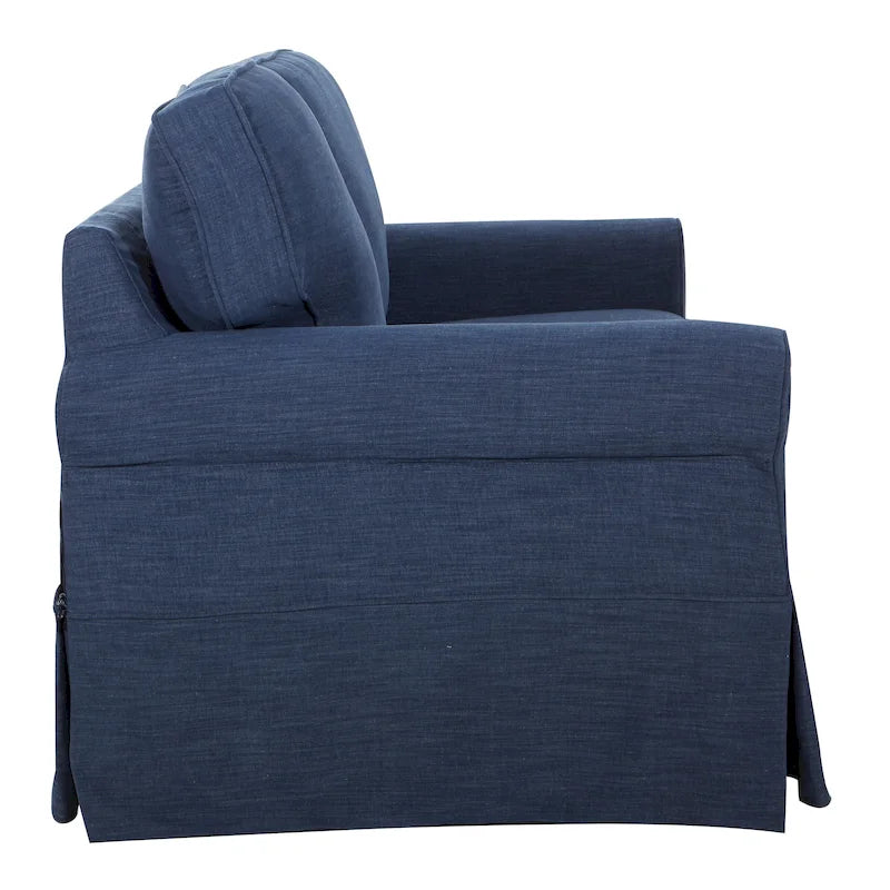 Dwuosobowa sofa z pokrowcem i zaokrąglonymi podłokietnikami