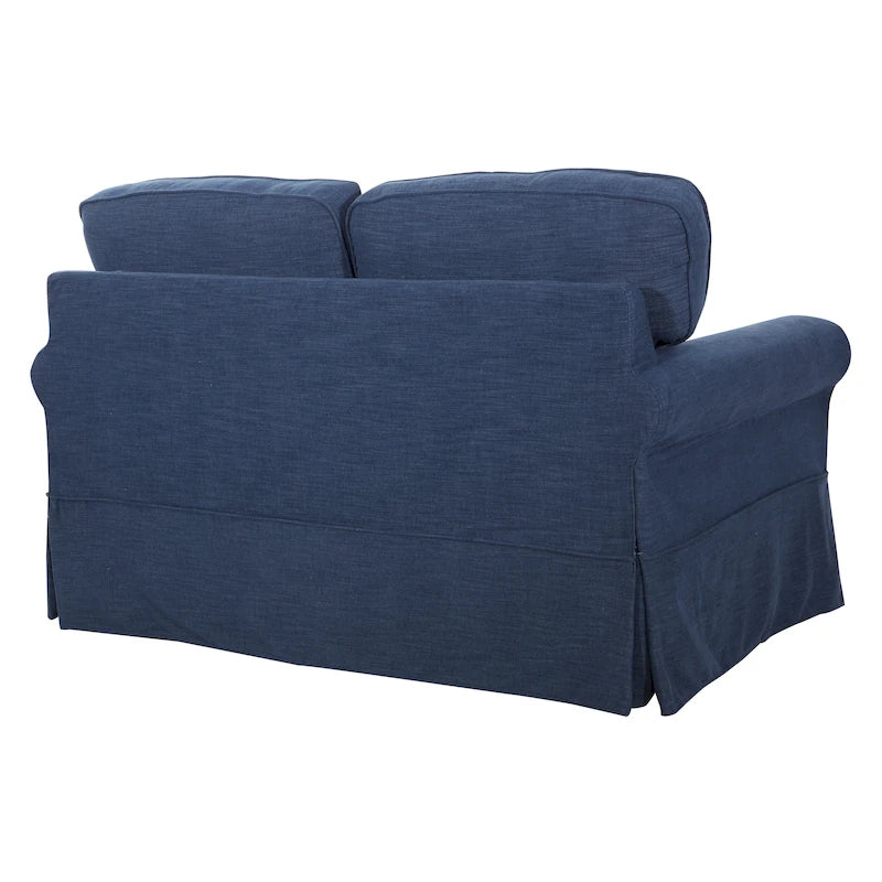Dwuosobowa sofa z pokrowcem i zaokrąglonymi podłokietnikami