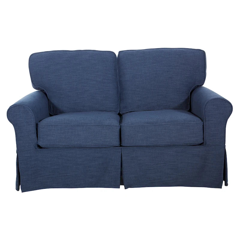 Dwuosobowa sofa z pokrowcem i zaokrąglonymi podłokietnikami