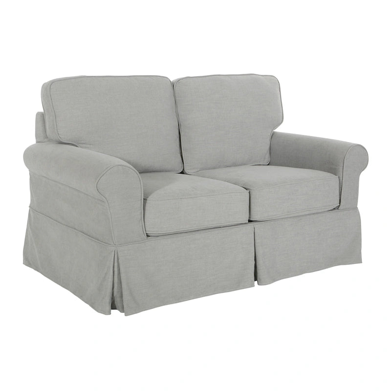 Dwuosobowa sofa z pokrowcem i zaokrąglonymi podłokietnikami