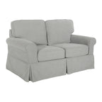 Dwuosobowa sofa z pokrowcem i zaokrąglonymi podłokietnikami