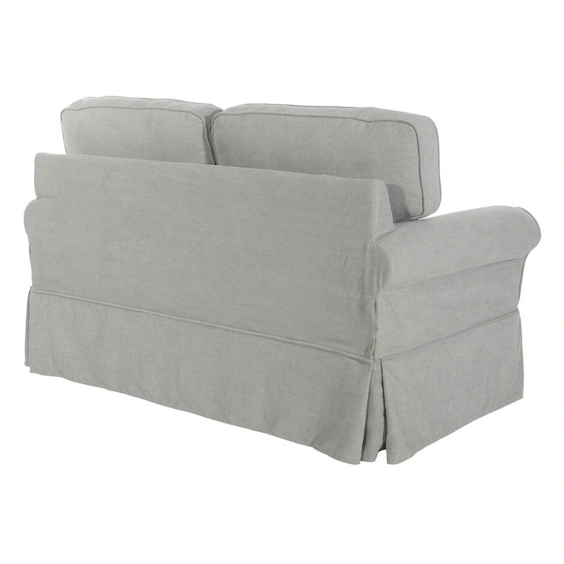 Dwuosobowa sofa z pokrowcem i zaokrąglonymi podłokietnikami