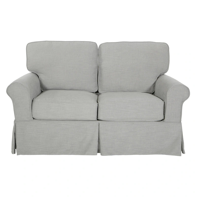 Dwuosobowa sofa z pokrowcem i zaokrąglonymi podłokietnikami