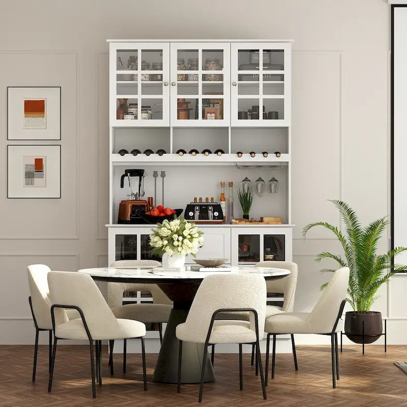 Pantry Storage Cabinet with Glass Doors and Drawers