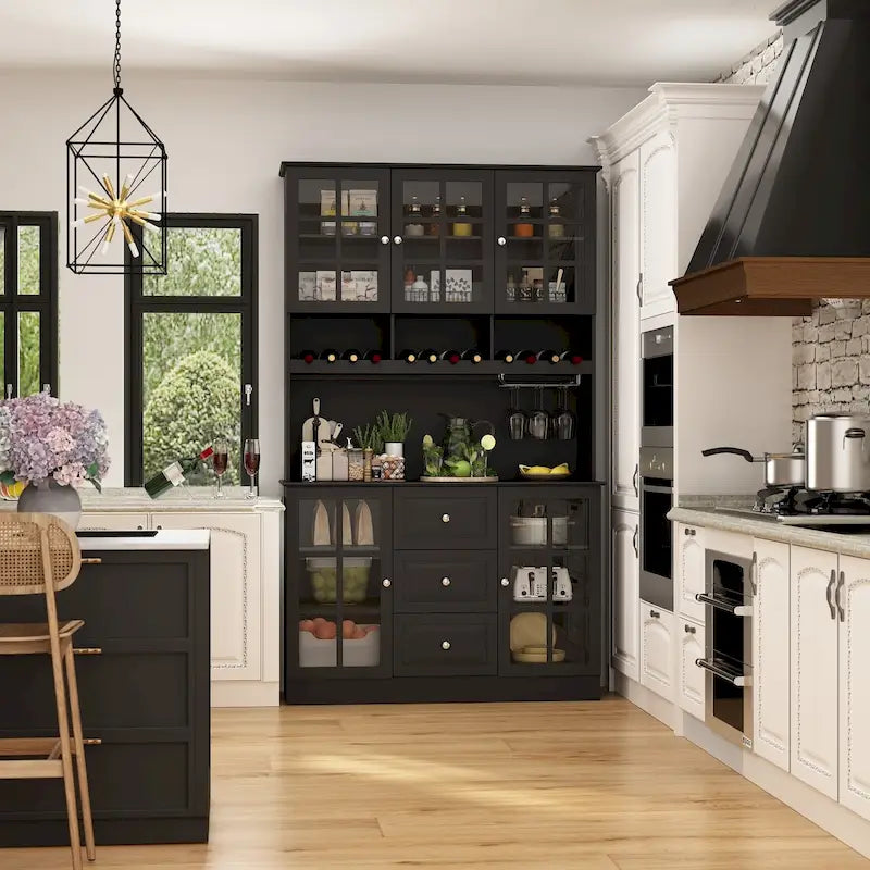 Pantry Storage Cabinet with Glass Doors and Drawers