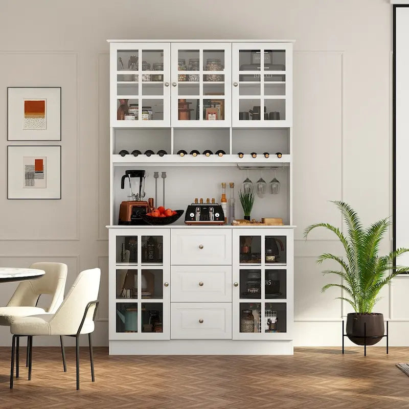 Pantry Storage Cabinet with Glass Doors and Drawers
