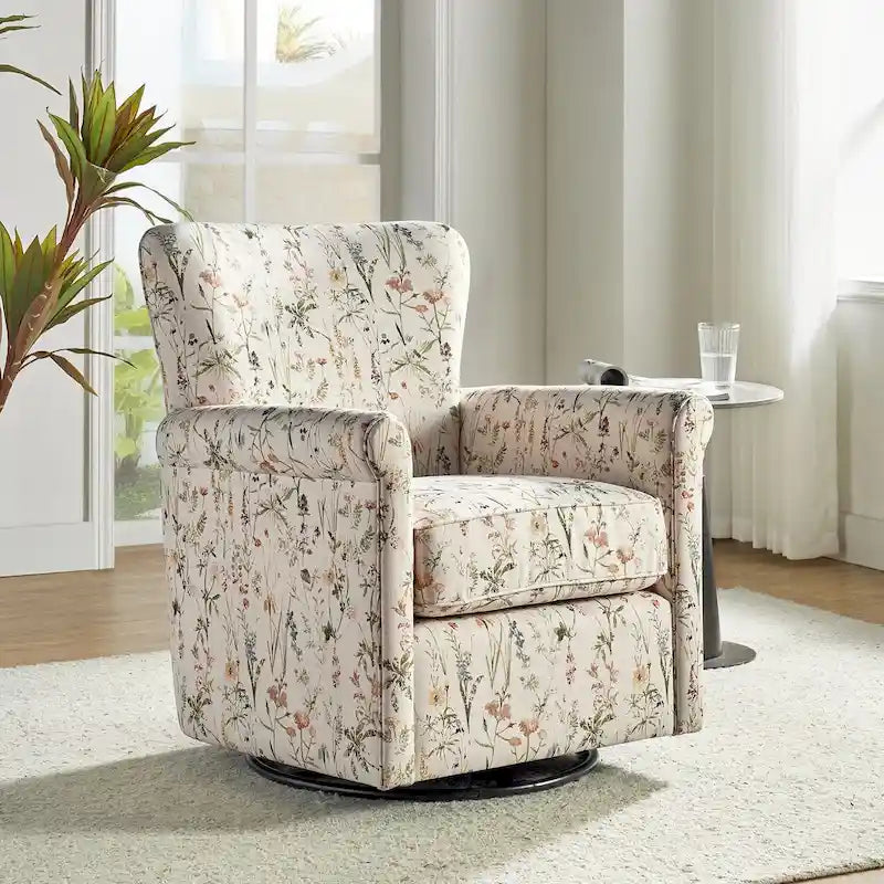 Upholstered Swivel Rocker Chair with Rolled Arms