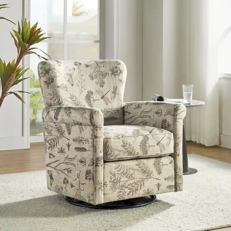 Upholstered Swivel Rocker Chair with Rolled Arms