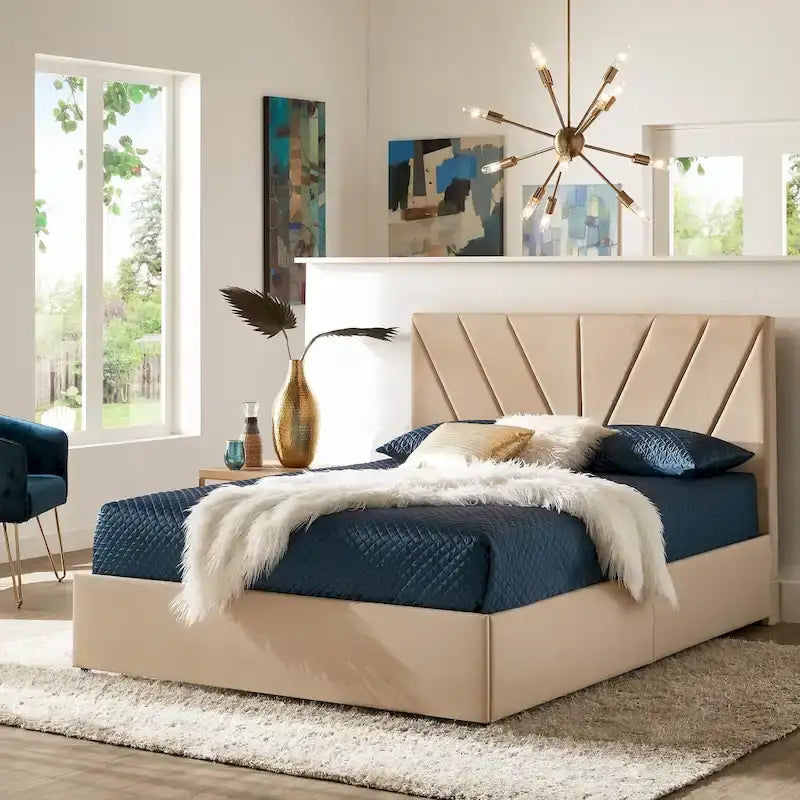 Letto contenitore con base a piattaforma beige e testiera con trapuntatura a V