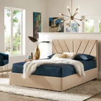 Letto contenitore con base a piattaforma beige e testiera con trapuntatura a V