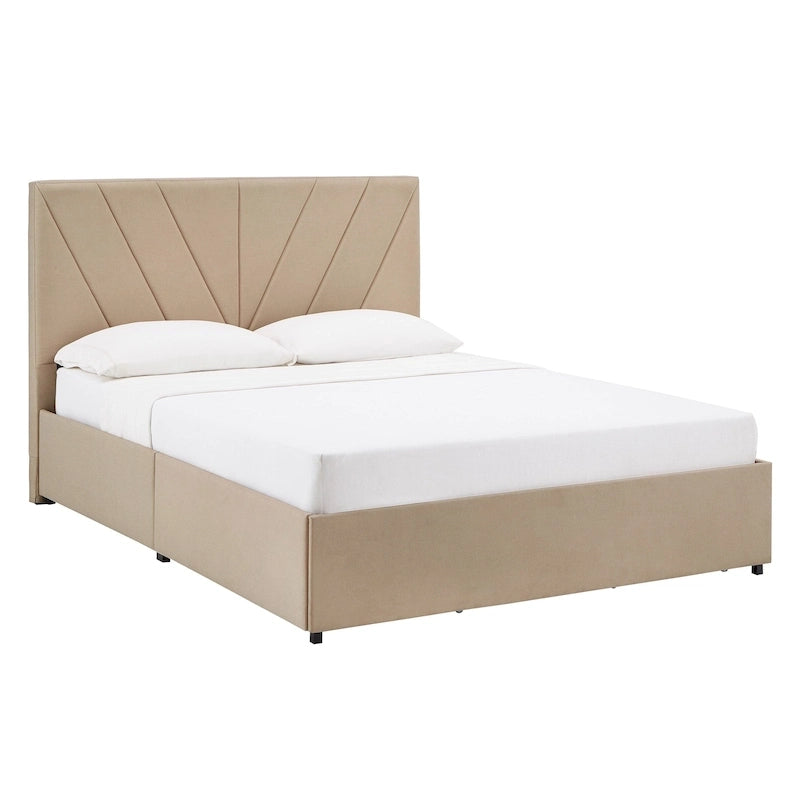 Letto contenitore con base a piattaforma beige e testiera con trapuntatura a V