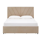 Letto contenitore con base a piattaforma beige e testiera con trapuntatura a V