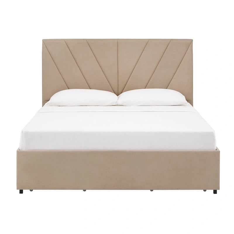 Beige Upholstered Storage Platform Bed with V-Channel Headboard