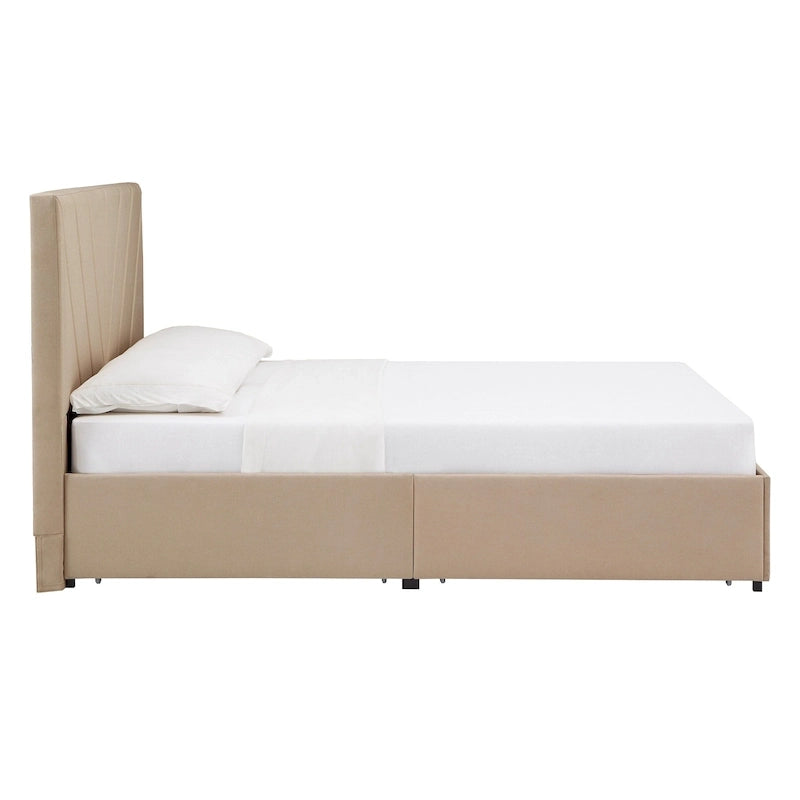 Beige Upholstered Storage Platform Bed with V-Channel Headboard