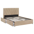 Letto contenitore con base a piattaforma beige e testiera con trapuntatura a V