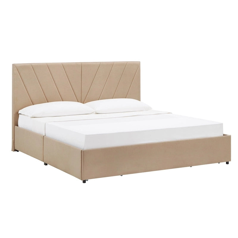 Letto contenitore con base a piattaforma beige e testiera con trapuntatura a V