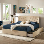Letto contenitore con base a piattaforma beige e testiera con trapuntatura a V