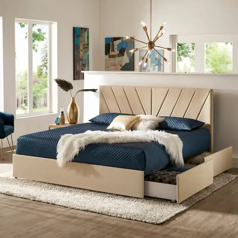 Letto contenitore con base a piattaforma beige e testiera con trapuntatura a V