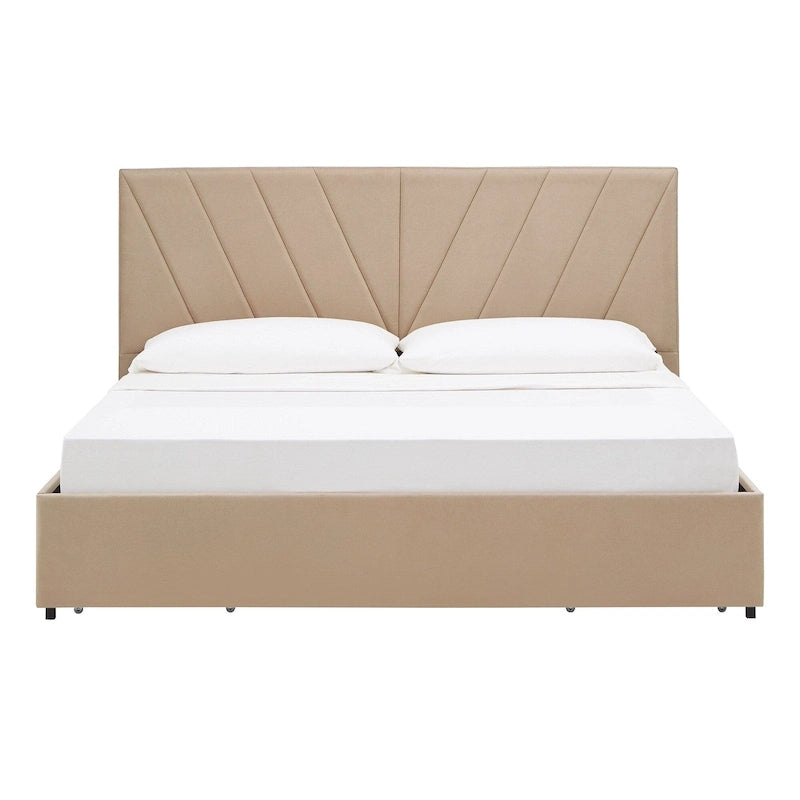 Letto contenitore con base a piattaforma beige e testiera con trapuntatura a V
