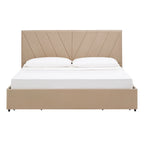 Letto contenitore con base a piattaforma beige e testiera con trapuntatura a V