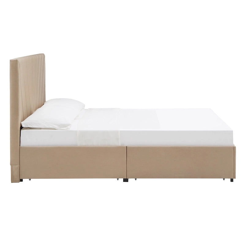Letto contenitore con base a piattaforma beige e testiera con trapuntatura a V
