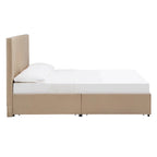 Letto contenitore con base a piattaforma beige e testiera con trapuntatura a V
