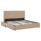 Letto contenitore con base a piattaforma beige e testiera con trapuntatura a V