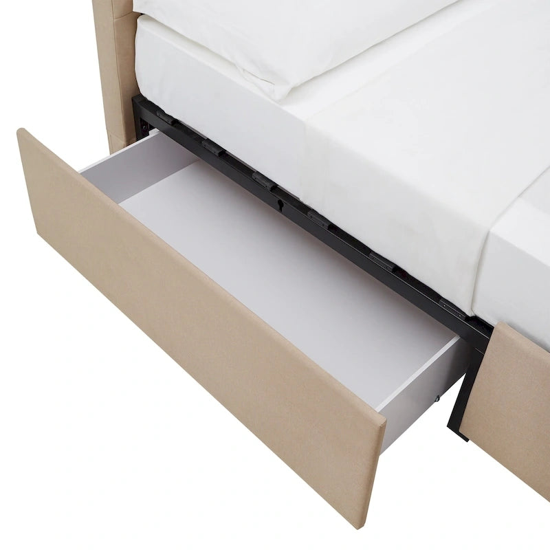 Letto contenitore con base a piattaforma beige e testiera con trapuntatura a V