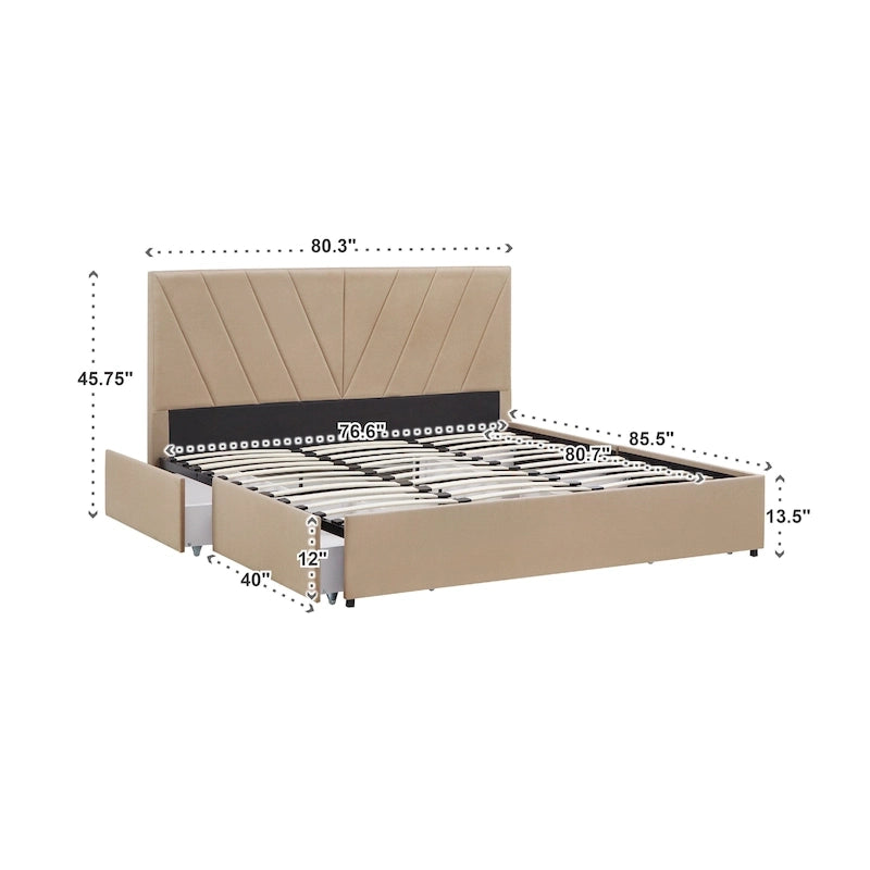 Letto contenitore con base a piattaforma beige e testiera con trapuntatura a V