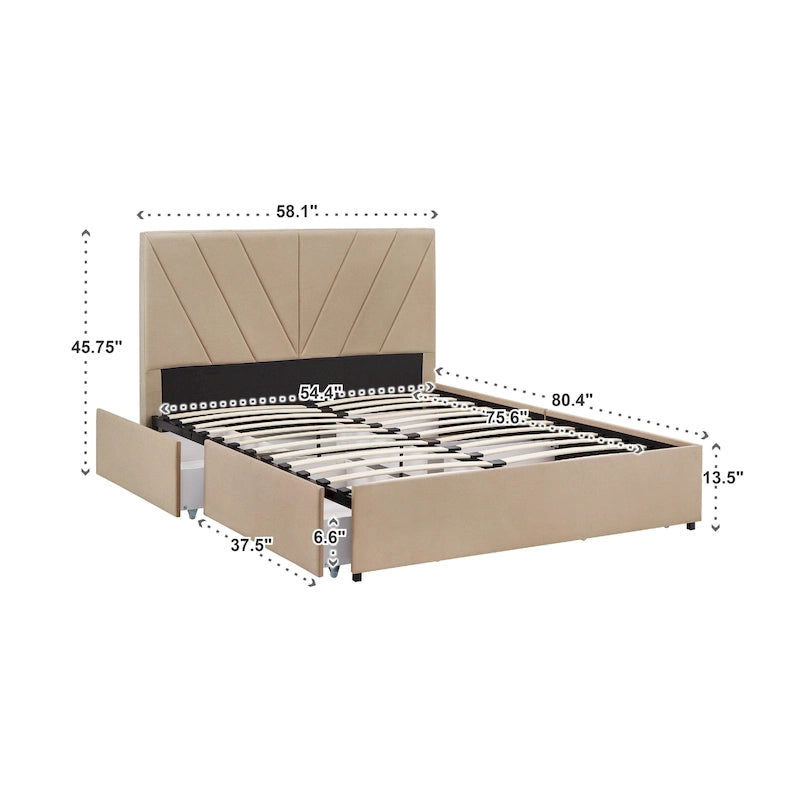 Letto contenitore con base a piattaforma beige e testiera con trapuntatura a V