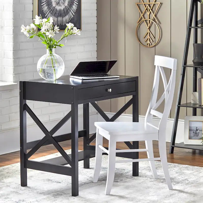 X-Frame Wood Desk with Drawer and Lower Shelf