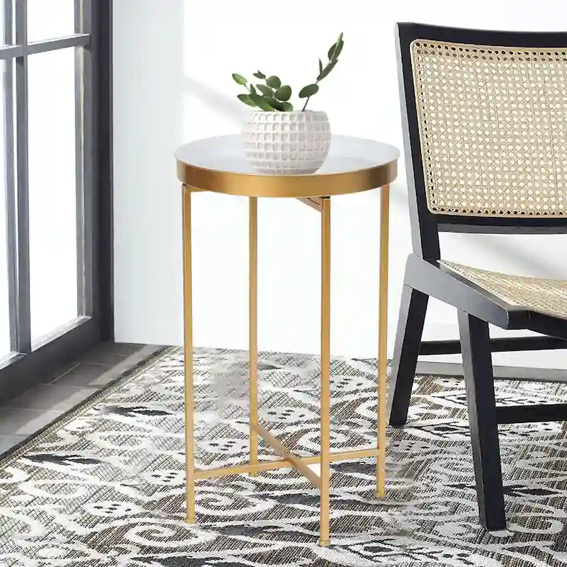 Adeco Round End Table Gold Metal Side Nightstand Accent Coffee Tables - 15(D)x 15(W)x 25.7(H)