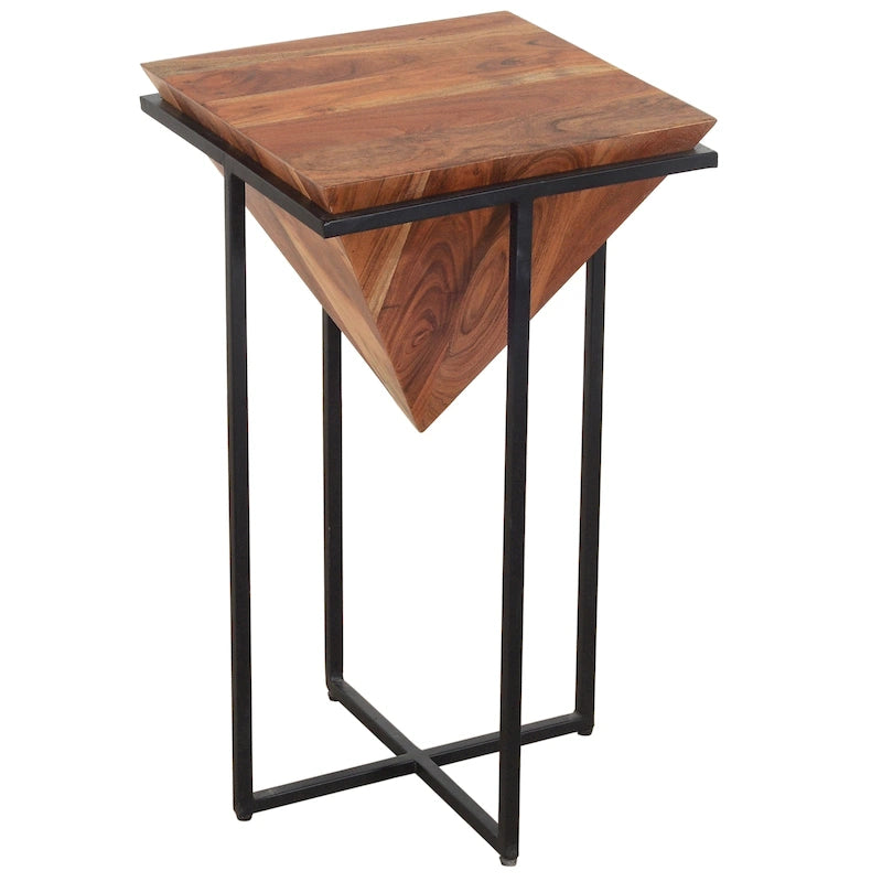 Acacia Wood Side Table with Iron Cross Base, Brown and Black